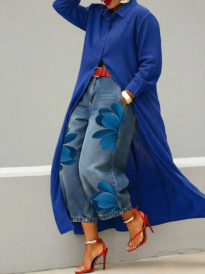 Maud | Linen Shirt Dress and Floral Jeans