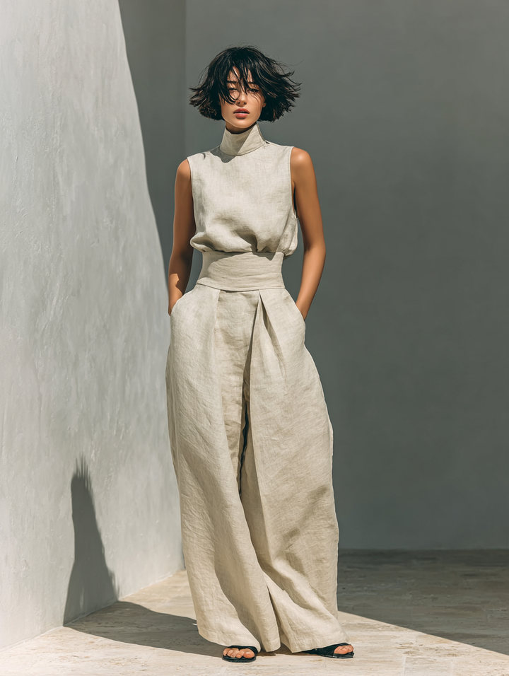 Maria™ | Linen Two-Piece Set with High-Neck Top and Wide-Leg Trousers