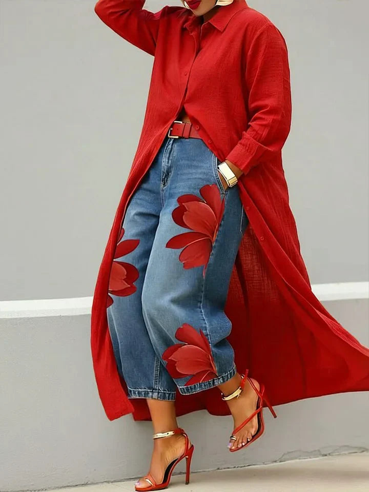Maud | Linen Shirt Dress and Floral Jeans