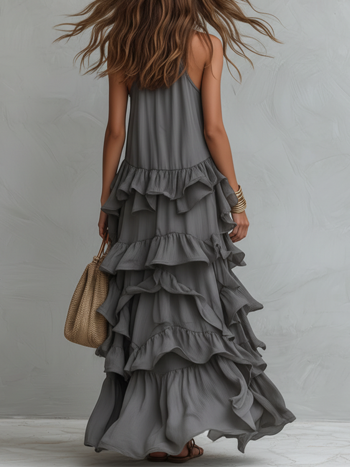 Giselle | Grey Romantic Layered Ruffle Maxi Dress