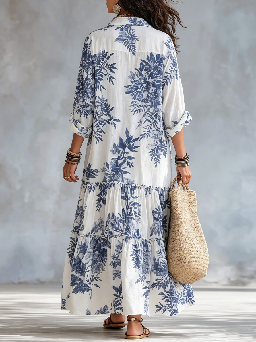 Bleuet | Blue Floral Button-Down Boho Maxi Dress