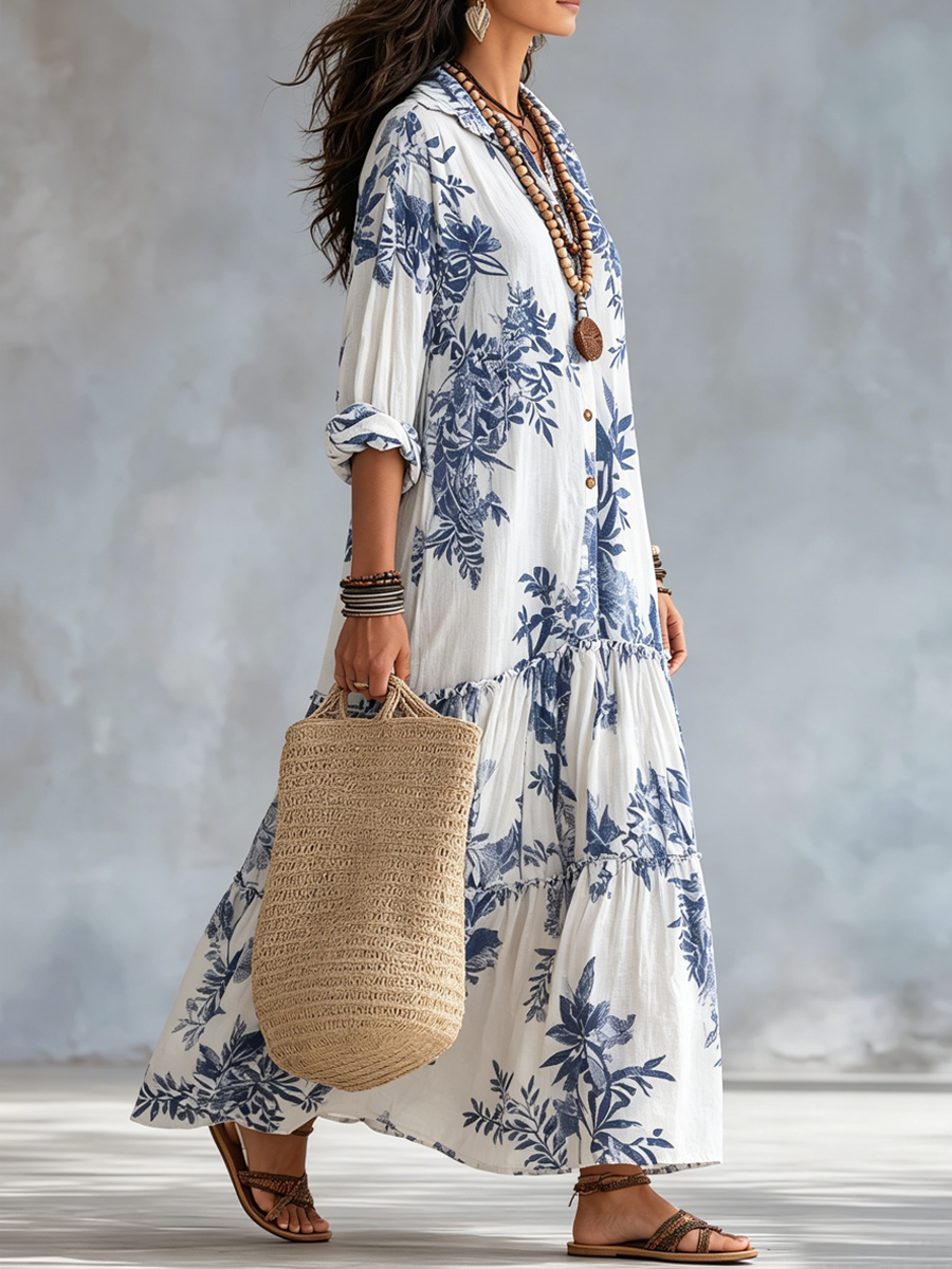 Bleuet | Blue Floral Button-Down Boho Maxi Dress