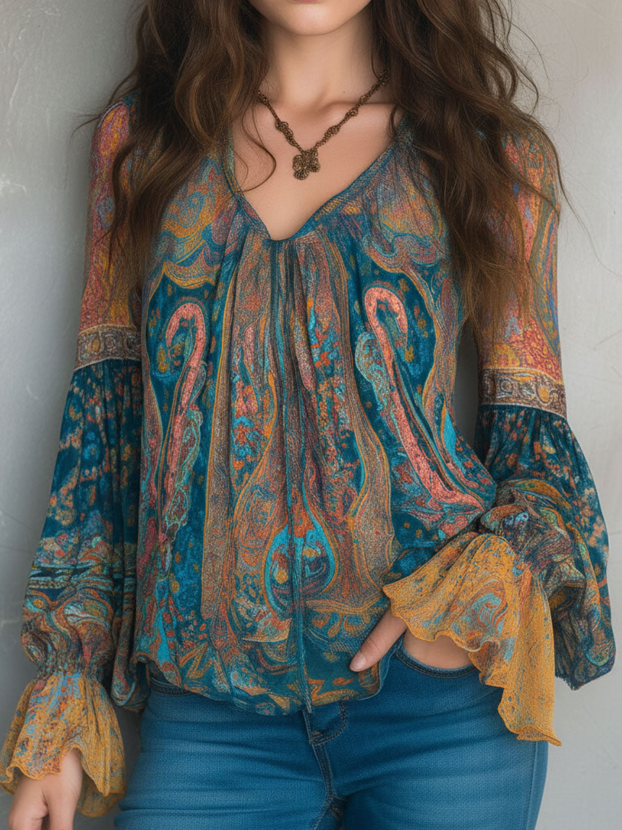 Sara™ | Paisley Chiffon Blouse met Ruches