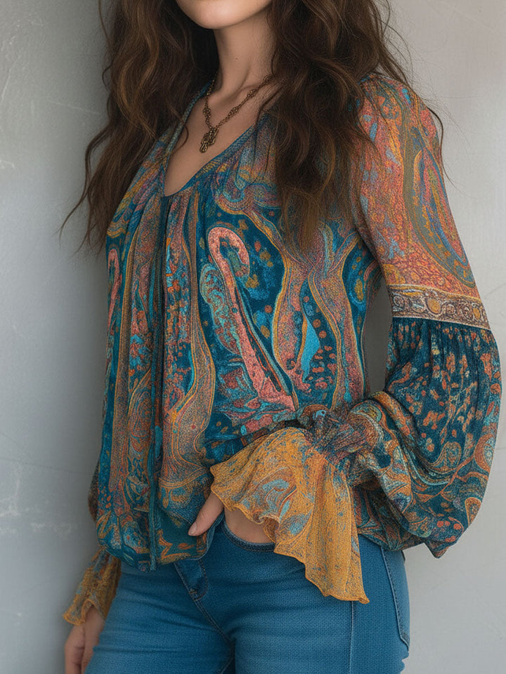 Sara™ | Paisley Chiffon Blouse met Ruches