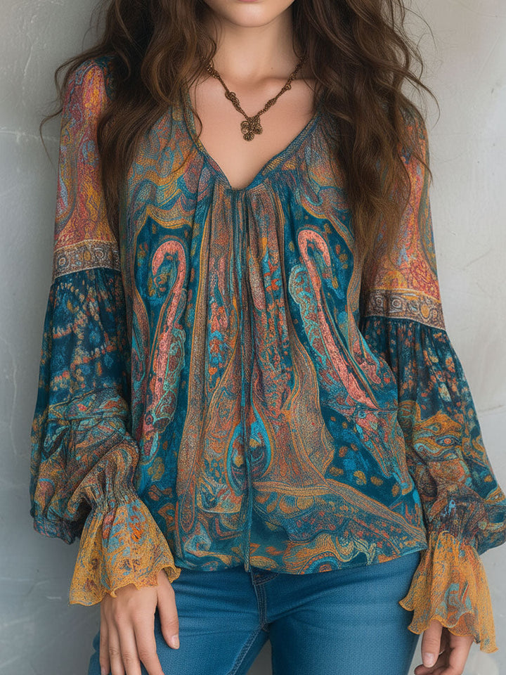 Sara™ | Paisley Chiffon Blouse met Ruches