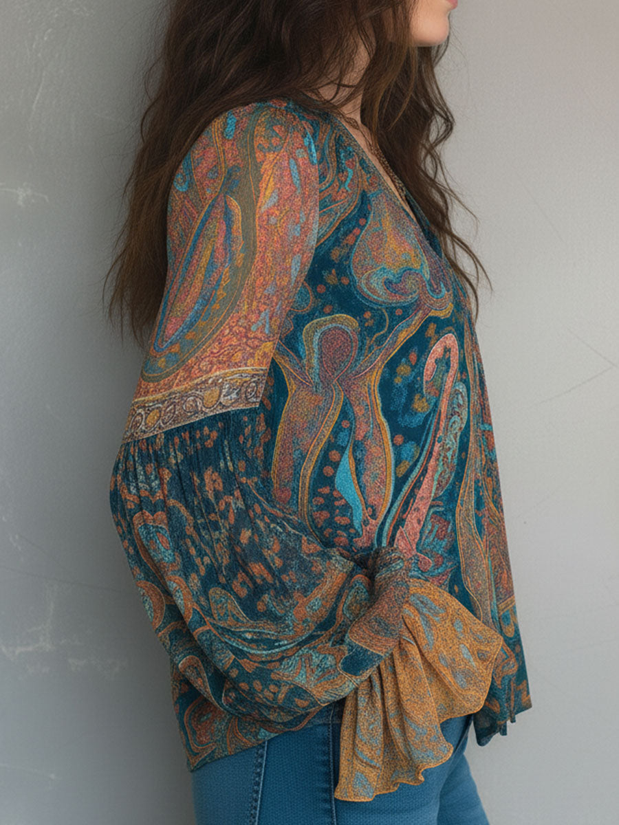 Sara™ | Paisley Chiffon Blouse met Ruches