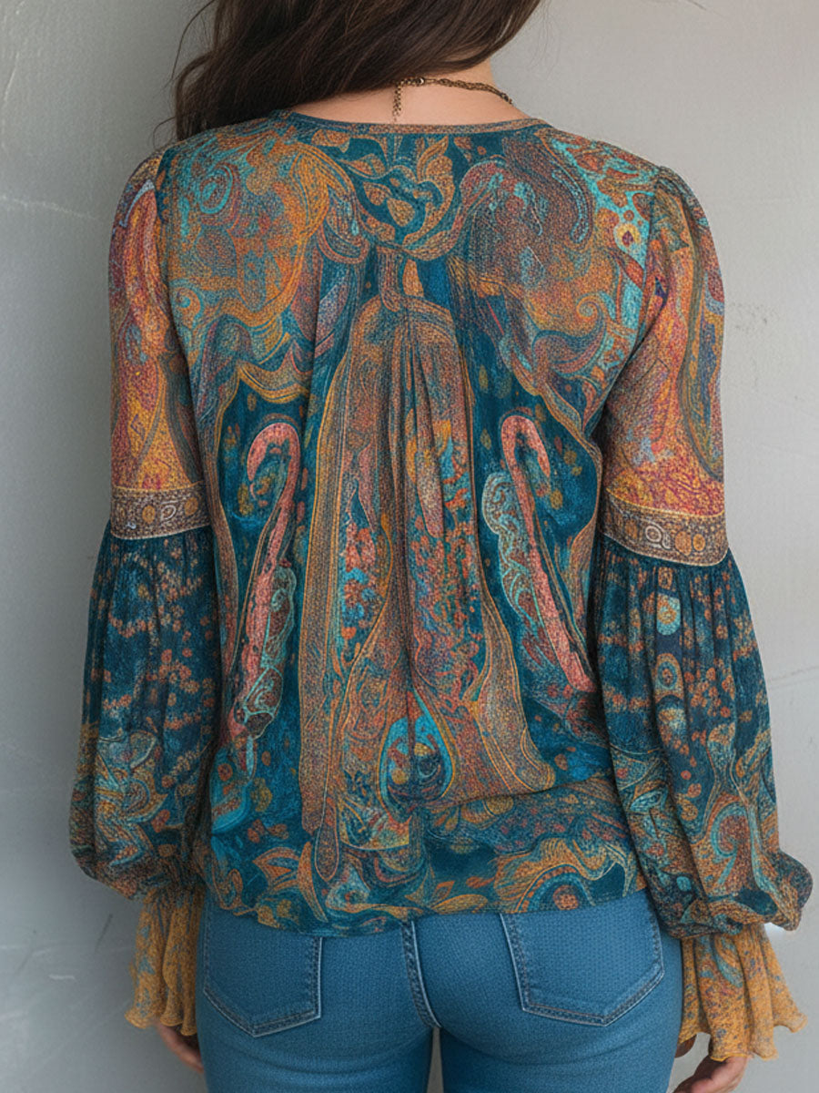 Sara™ | Paisley Chiffon Blouse met Ruches