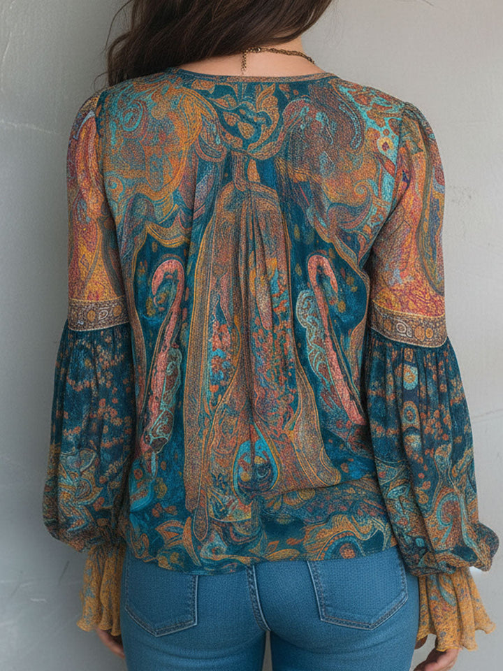 Sara™ | Paisley Chiffon Blouse met Ruches
