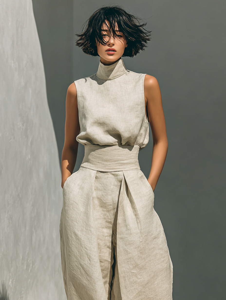 Maria™ | Linen Two-Piece Set with High-Neck Top and Wide-Leg Trousers