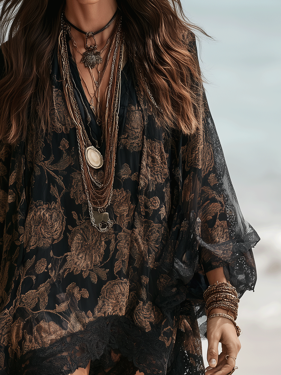Fleur | Sheer Floral Lace Kaftan Mini Dress