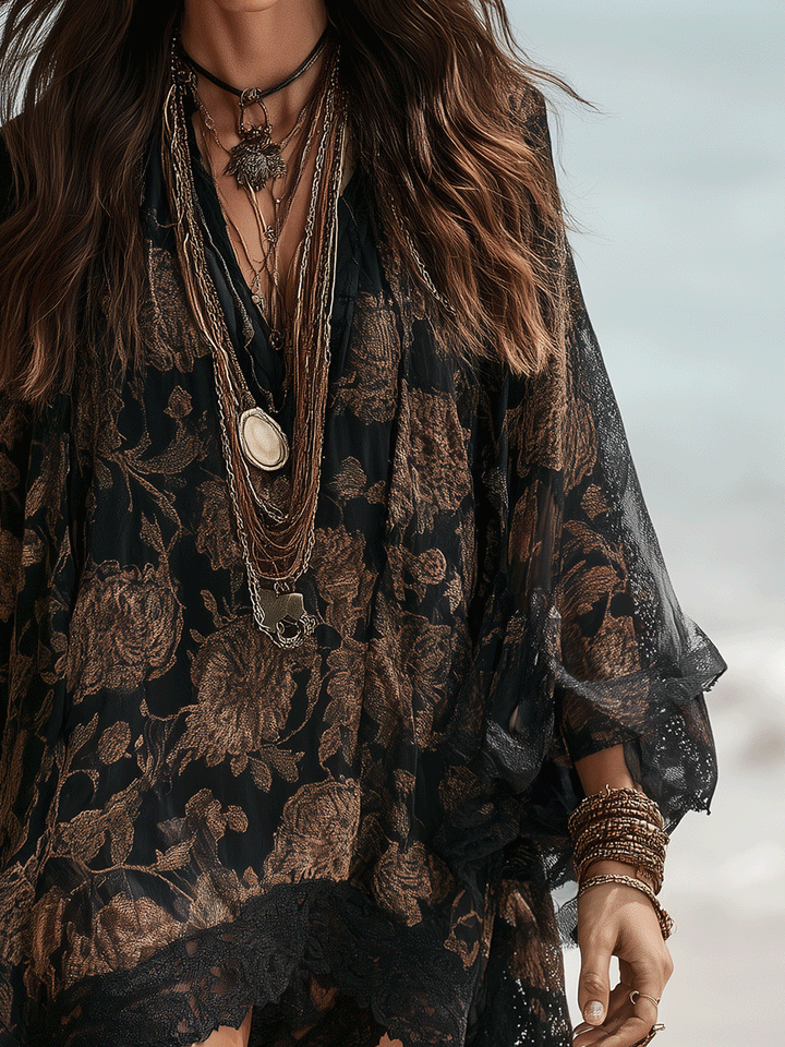 Fleur | Sheer Floral Lace Kaftan Mini Dress