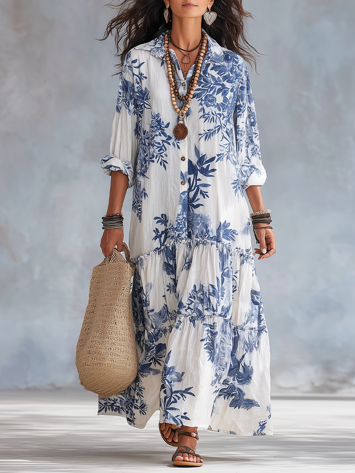 Bleuet | Blue Floral Button-Down Boho Maxi Dress