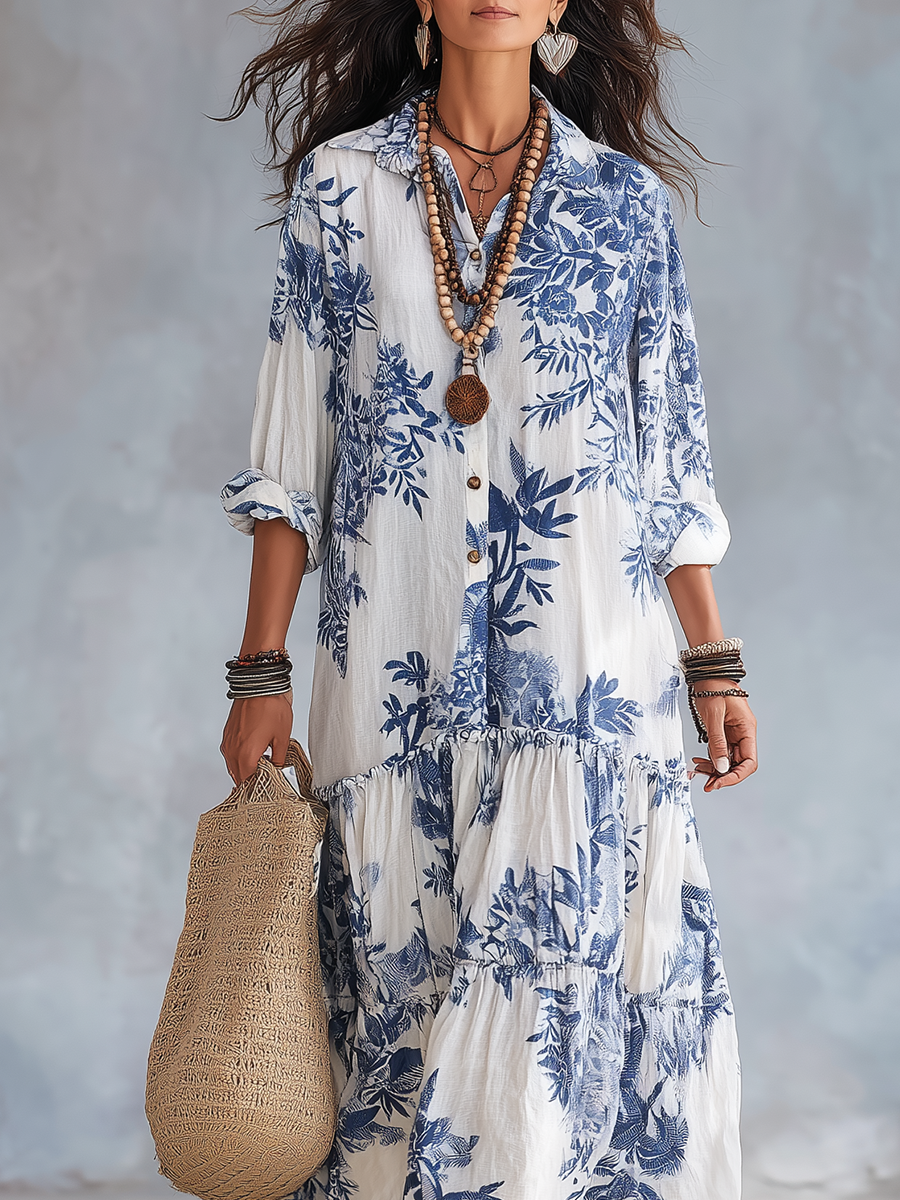 Bleuet | Blue Floral Button-Down Boho Maxi Dress