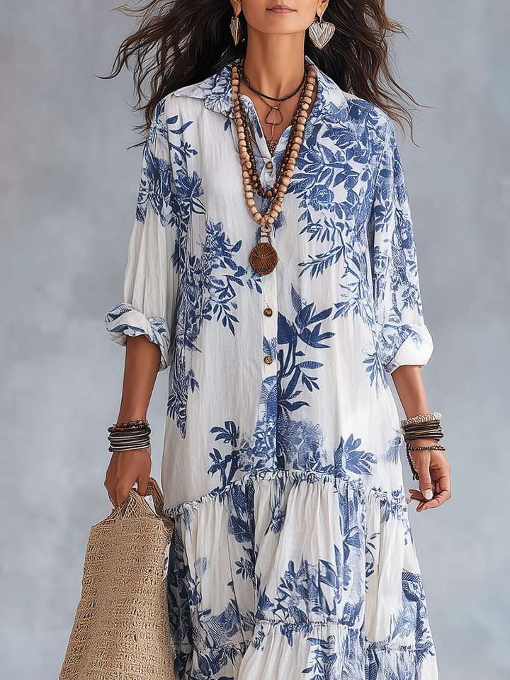 Bleuet | Blue Floral Button-Down Boho Maxi Dress