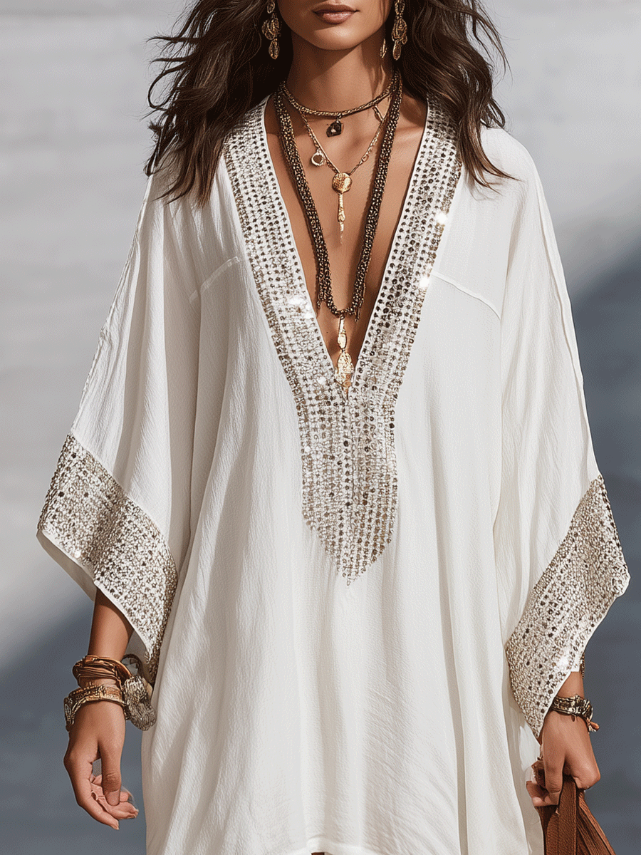 Ivory | Boho V-Neck Kaftan Dress