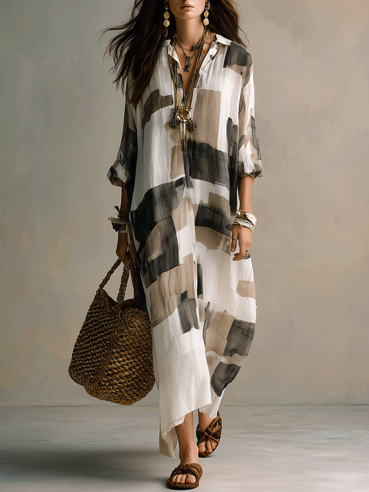 Indira | Abstract Print Button-Front Boho Maxi Dress