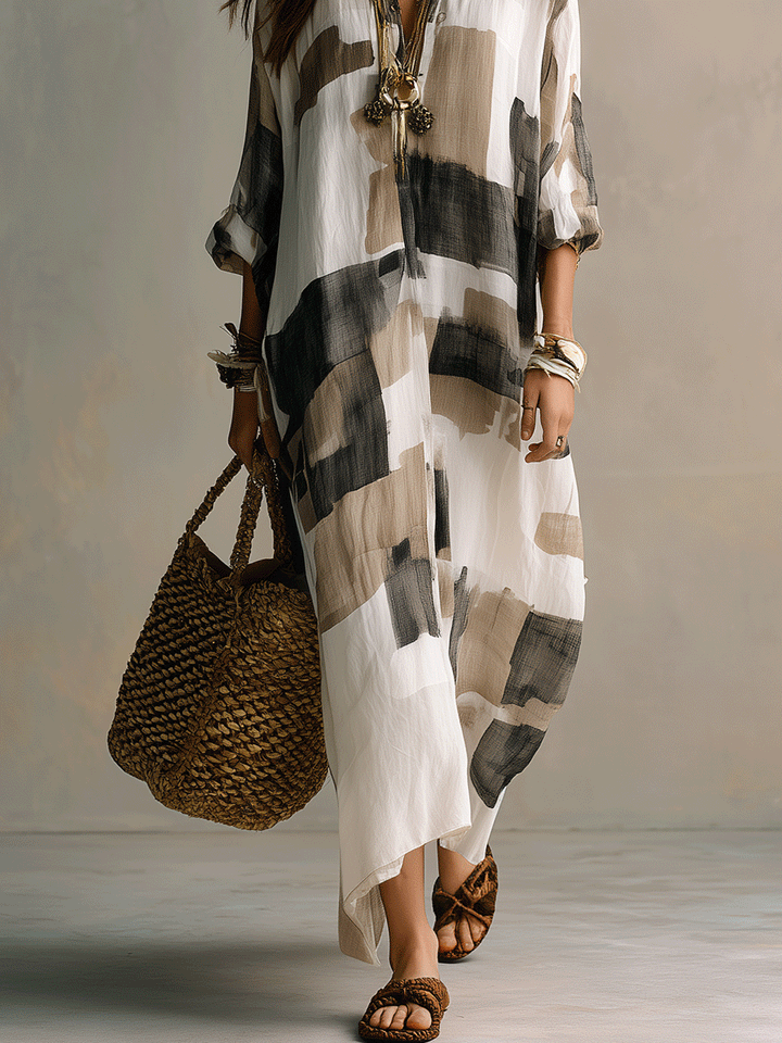 Indira | Abstract Print Button-Front Boho Maxi Dress