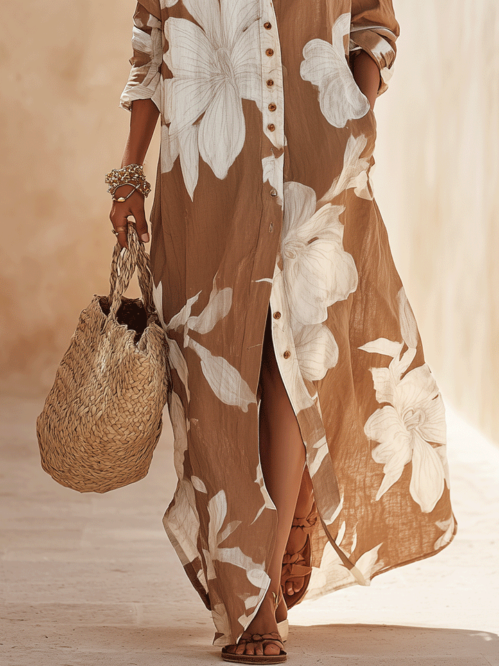 Cacao | Floral Print Boho Maxi Shirt Dress