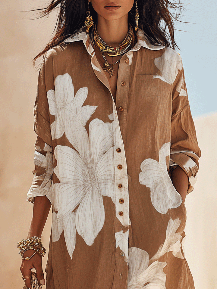 Cacao | Floral Print Boho Maxi Shirt Dress
