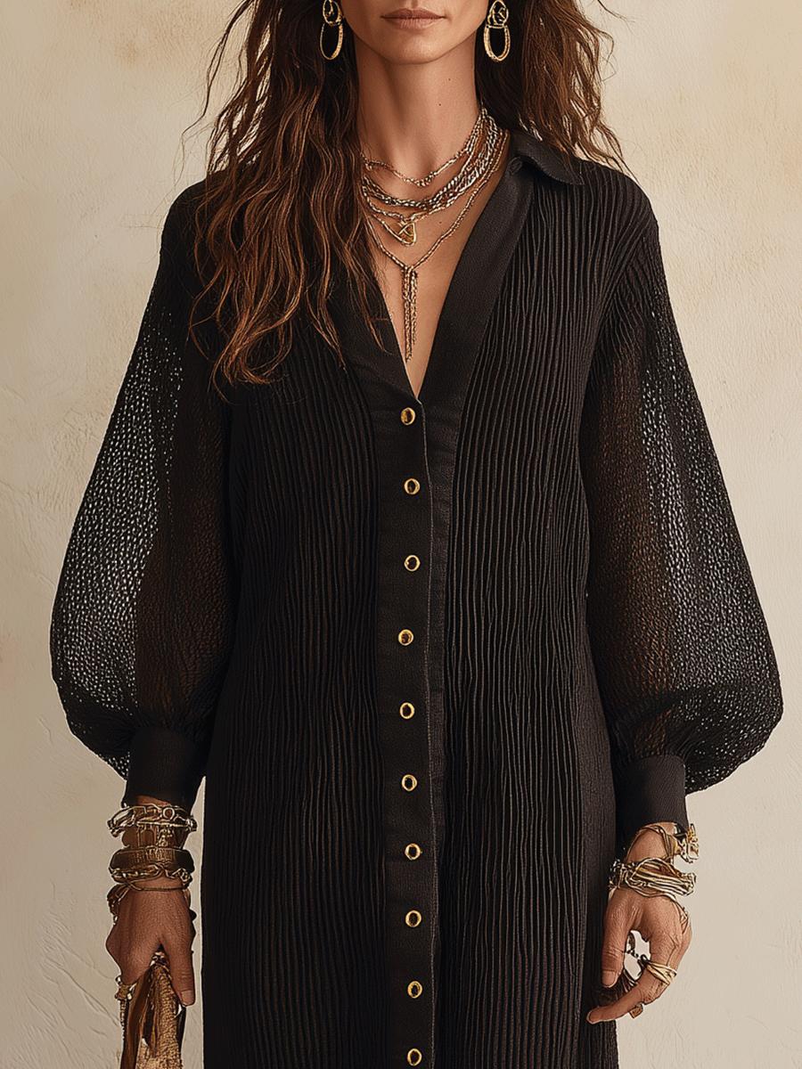 Celeste | Sheer Mesh Button-Front Midi Shirt Dress