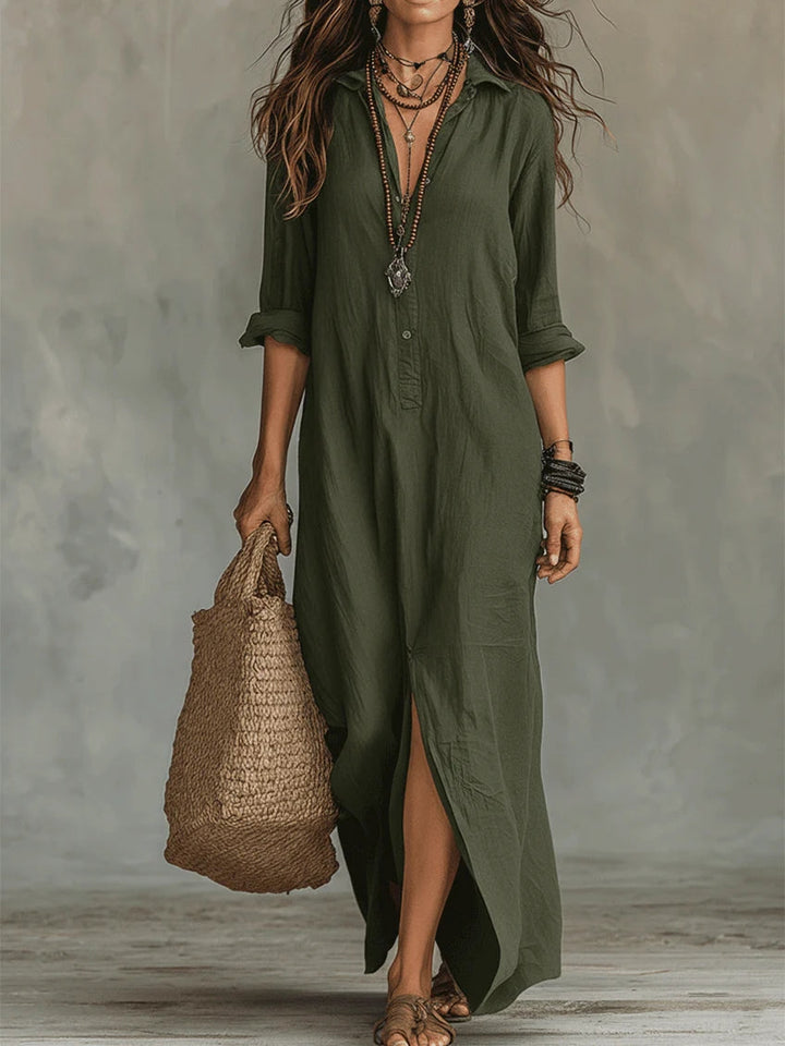 Soline™ | Long Black Maxi Dress with Button Detail