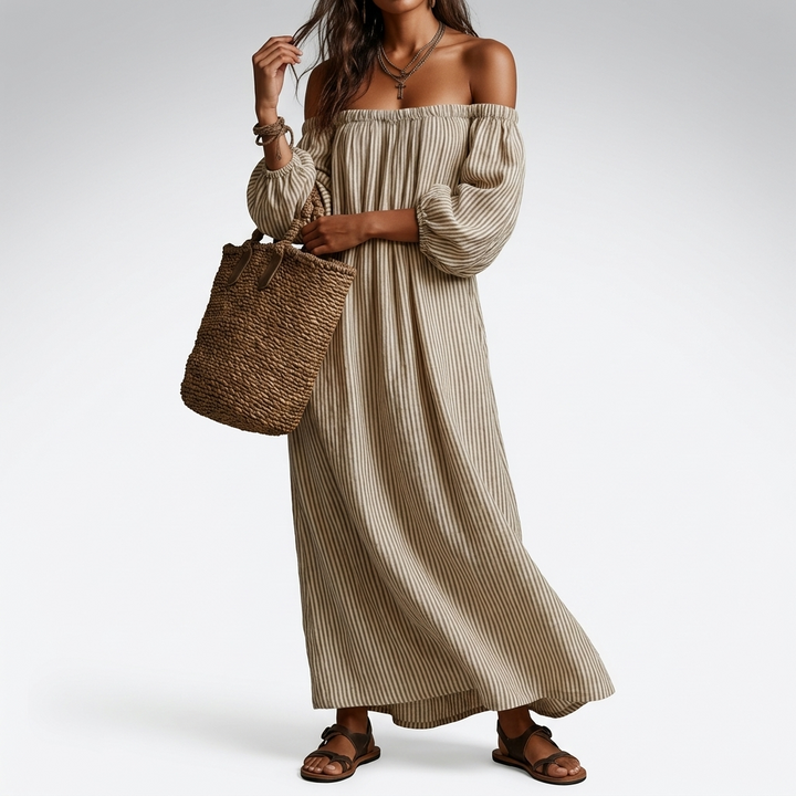 Carmen | Cotton-Linen Maxi Dress with Off-the-Shoulder Design