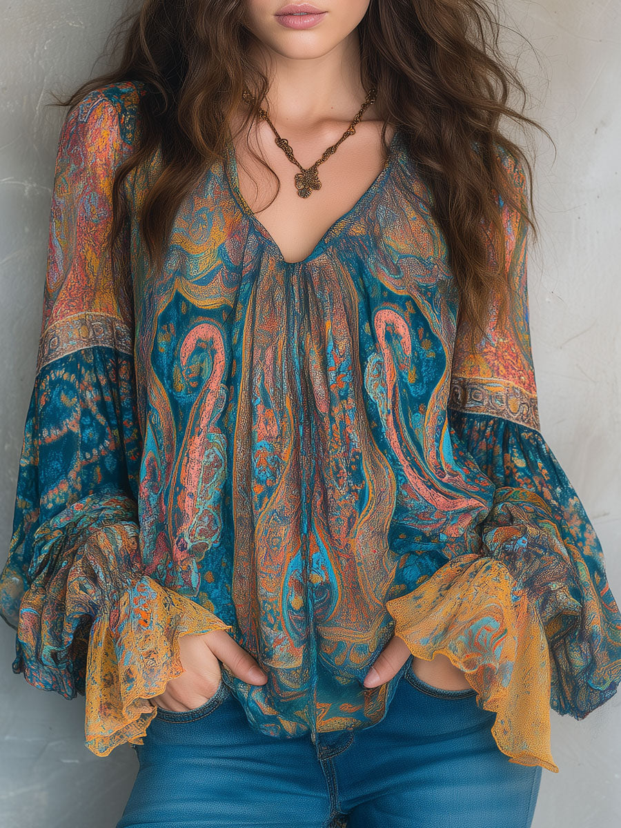 Sara™ | Paisley Chiffon Blouse met Ruches