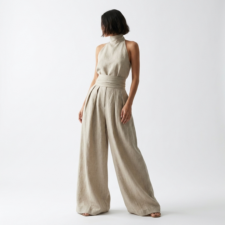Maria™ | Linen Two-Piece Set with High-Neck Top and Wide-Leg Trousers