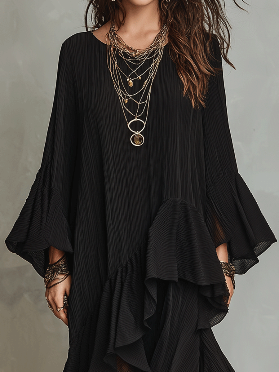Noir | Asymmetric Ruffle Boho Midi Dress