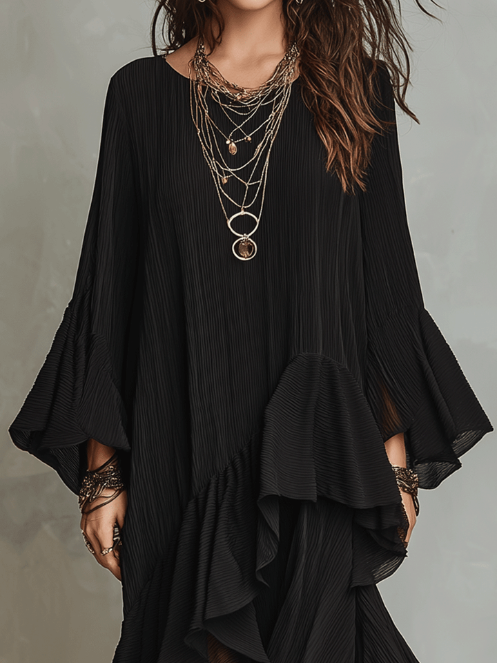 Noir | Asymmetric Ruffle Boho Midi Dress