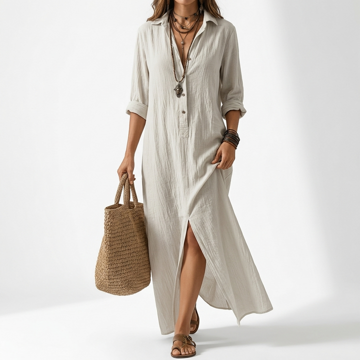 Soline™ | Long Black Maxi Dress with Button Detail