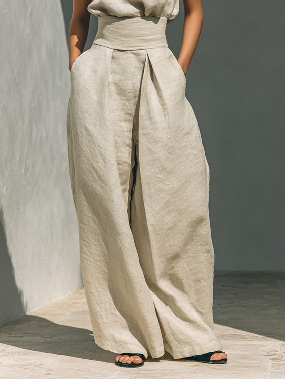 Maria™ | Linen Two-Piece Set with High-Neck Top and Wide-Leg Trousers