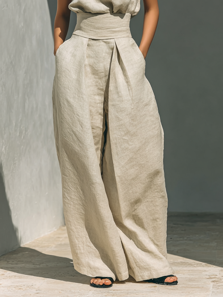 Maria™ | Linen Two-Piece Set with High-Neck Top and Wide-Leg Trousers
