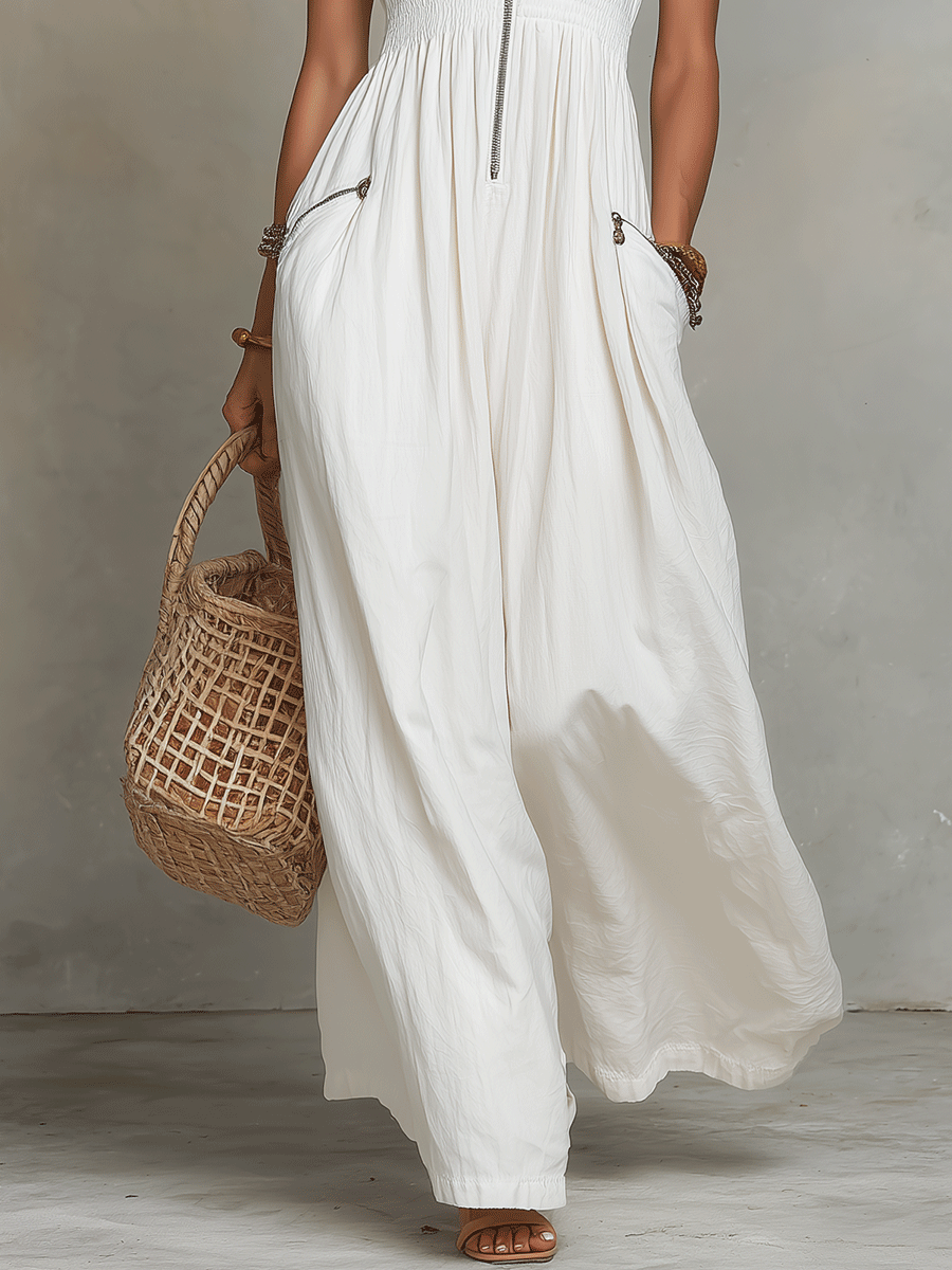 Bianca | White Zip-Front Bohemian Maxi Dress