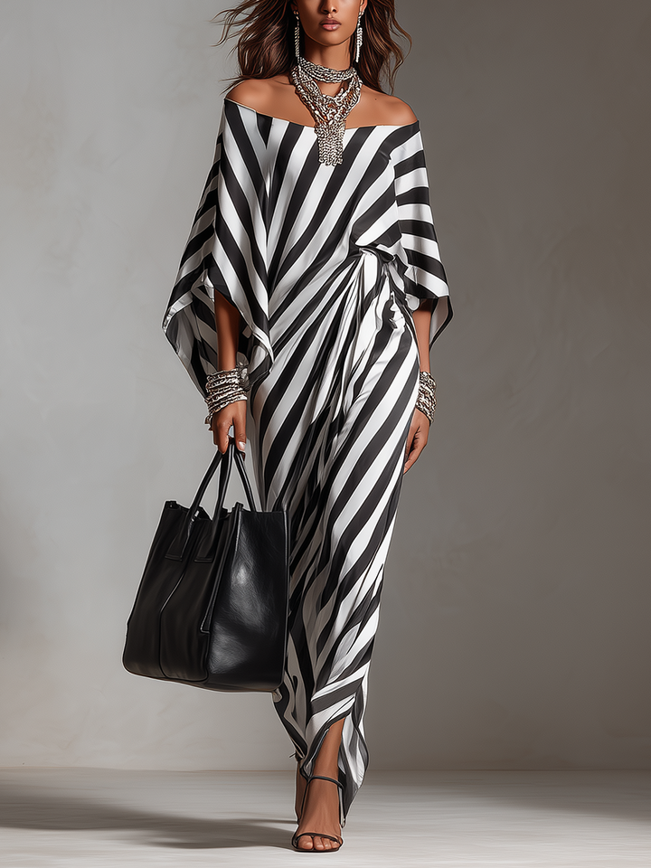 Monroe | Monochrome Stripe Asymmetric Maxi Dress