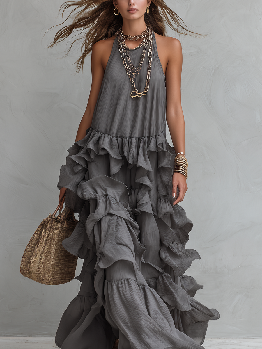 Giselle | Grey Romantic Layered Ruffle Maxi Dress