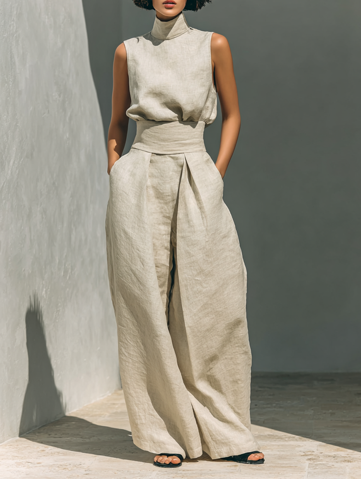 Maria™ | Linen Two-Piece Set with High-Neck Top and Wide-Leg Trousers