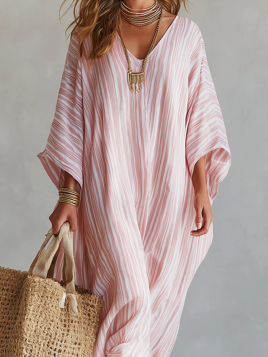 Rosa | Soft Pink Striped Bohemian Kaftan Dress