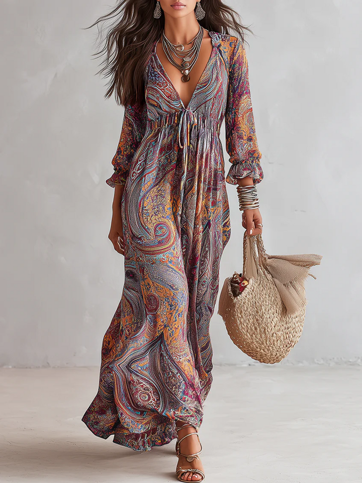 Vivienne | Paisley Print V-Neck Tie Waist Dress