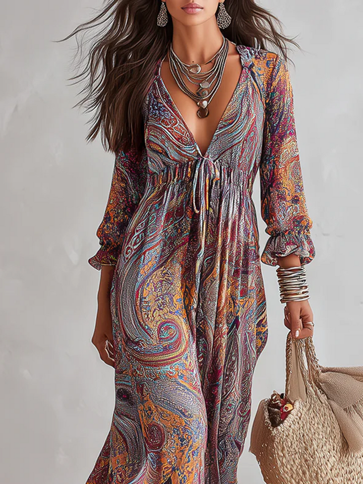 Vivienne | Paisley Print V-Neck Tie Waist Dress