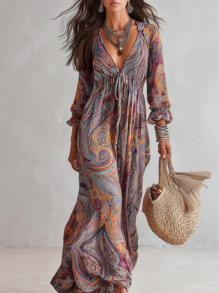 Vivienne | Paisley Print V-Neck Tie Waist Dress