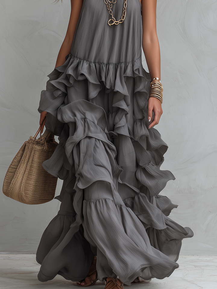 Giselle | Grey Romantic Layered Ruffle Maxi Dress