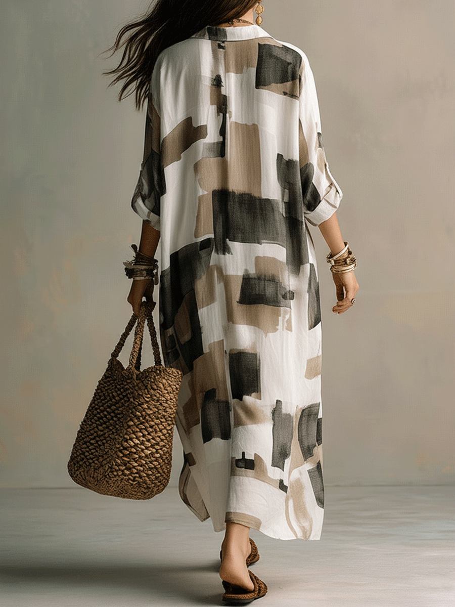 Indira | Abstract Print Button-Front Boho Maxi Dress