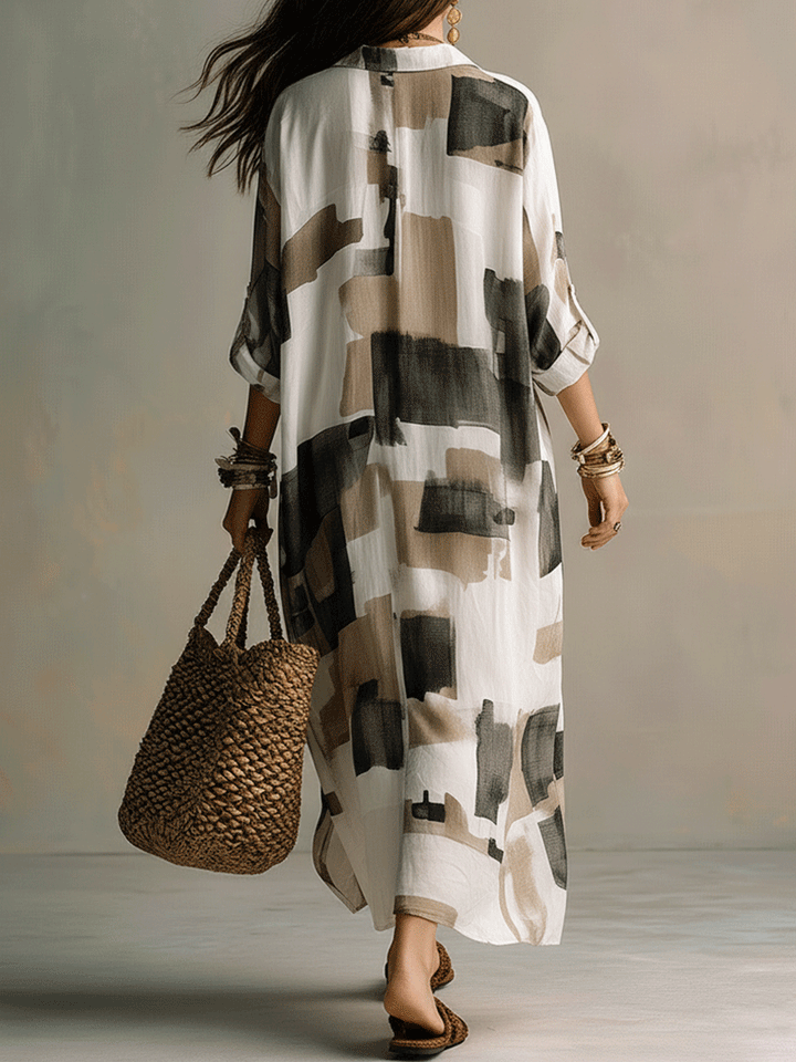 Indira | Abstract Print Button-Front Boho Maxi Dress