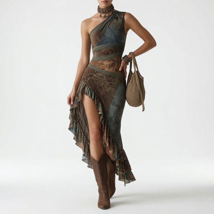 Marianna™ | Asymmetric Maxi Dress with Ethnic Print and Side Split