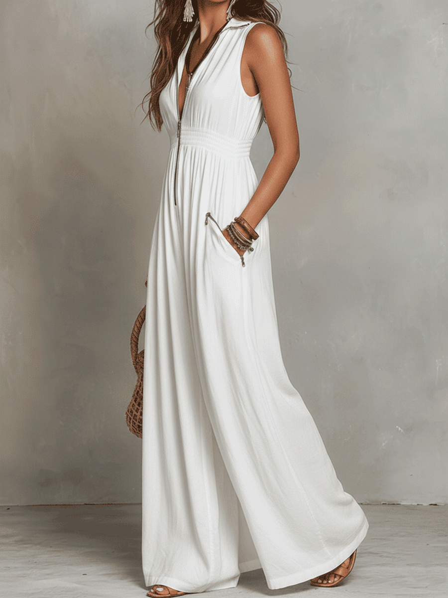 Bianca | White Zip-Front Bohemian Maxi Dress
