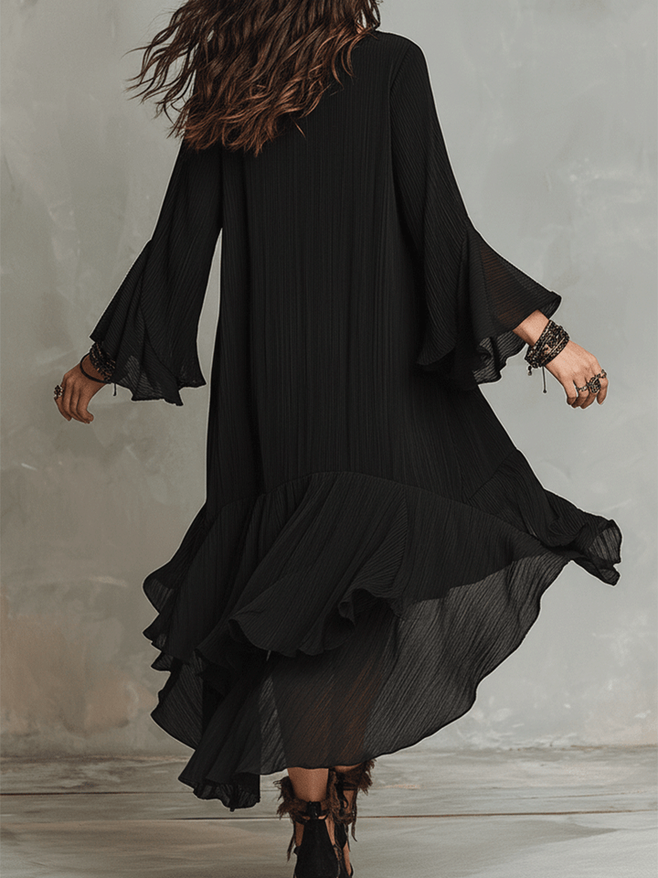Noir | Asymmetric Ruffle Boho Midi Dress
