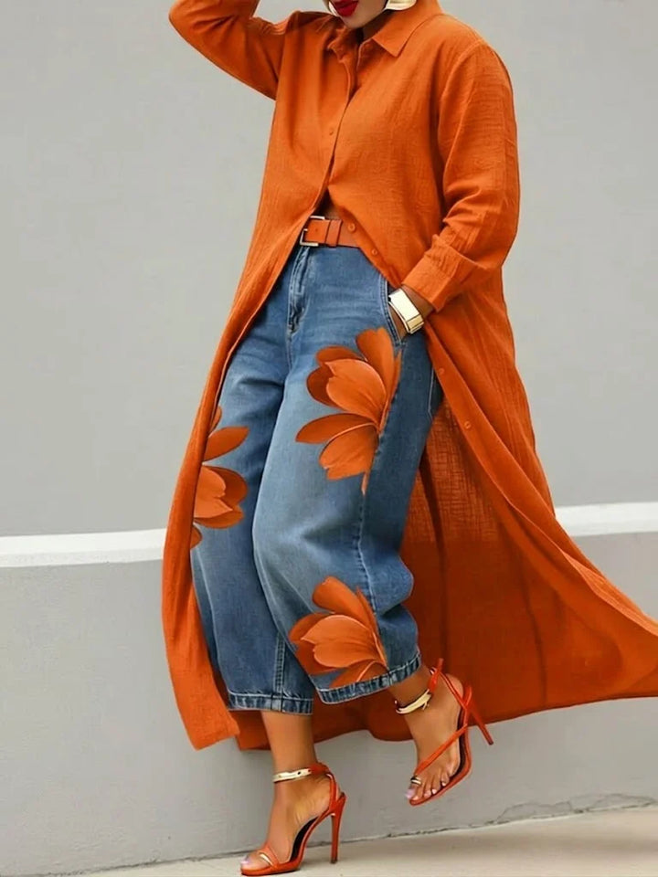 Maud | Linen Shirt Dress and Floral Jeans