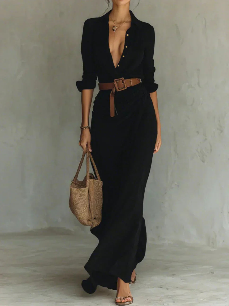 Camille™ | Maxi Dress with Lapel Detail and Waist Belt