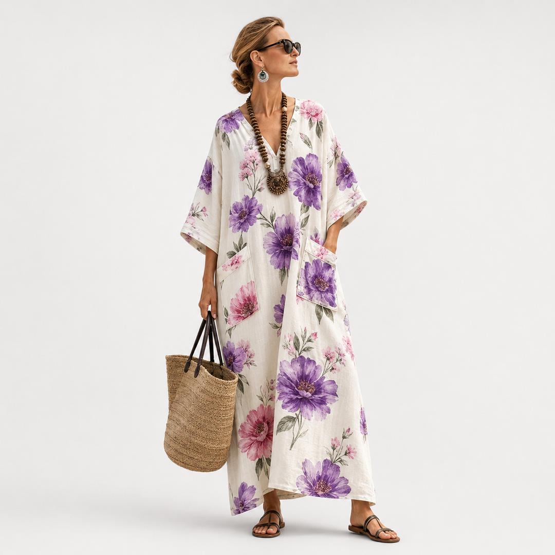 Long Floral Kaftan – Purple Bloom